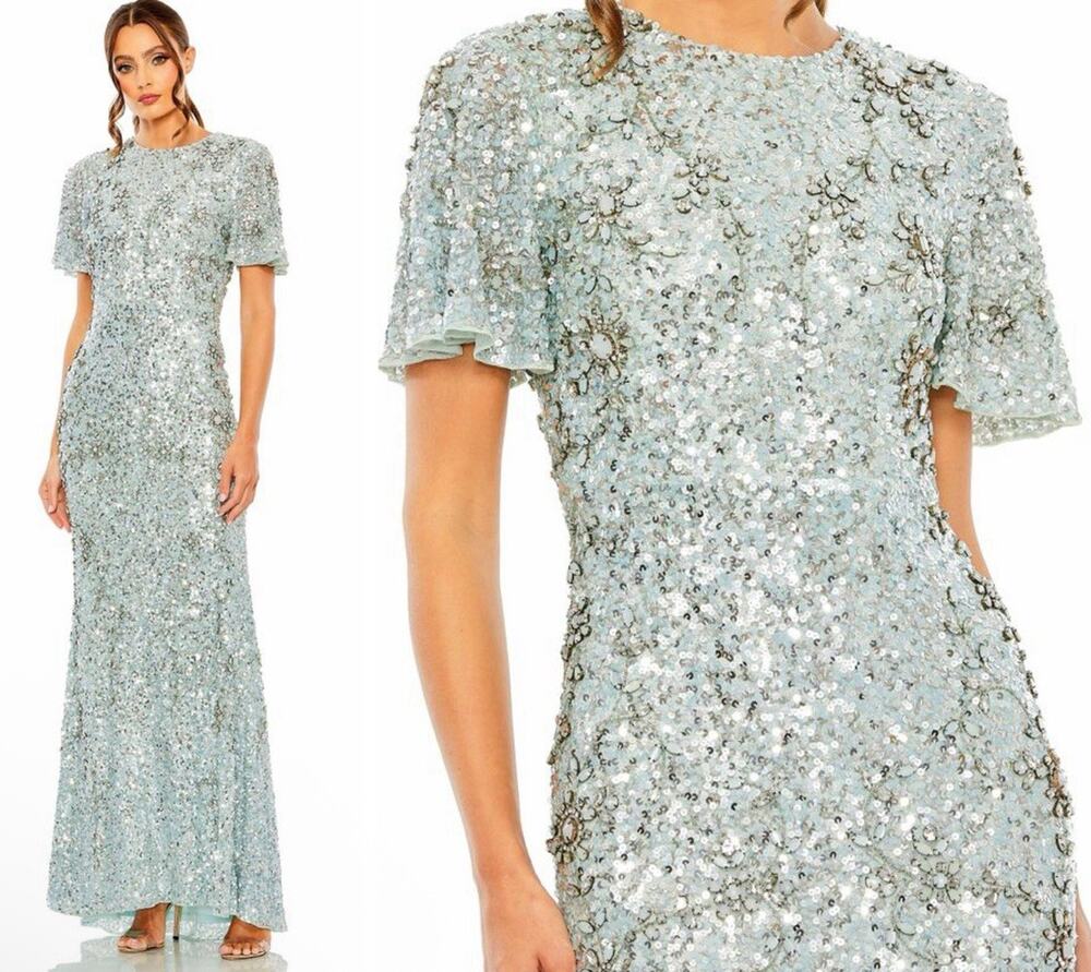 NEW Mac Duggal 93932 Flutter Sleeve Size 12 Sequin High Neck Gown Blue $998